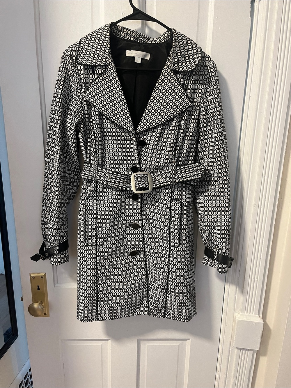 New York & Company Black and White Geometric Belted Trench Coat
